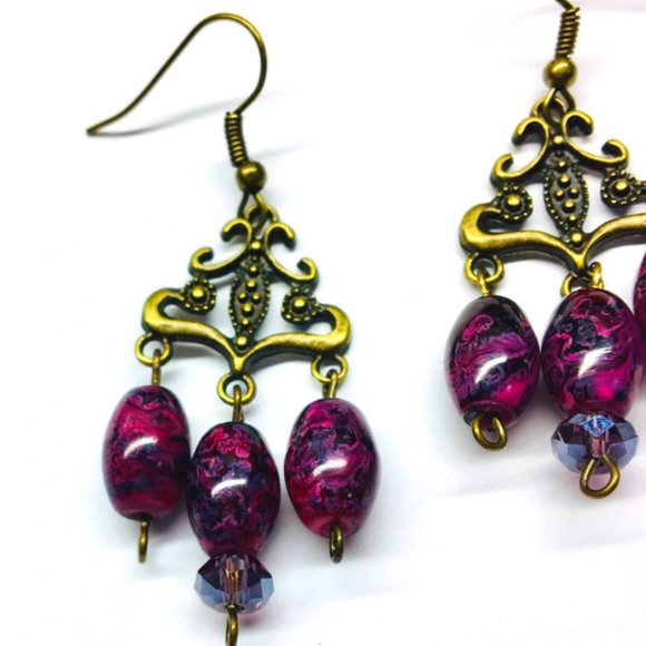 Purple Tiger Eye Antique Brass Chandelier Earrings - Picture 2 of 3